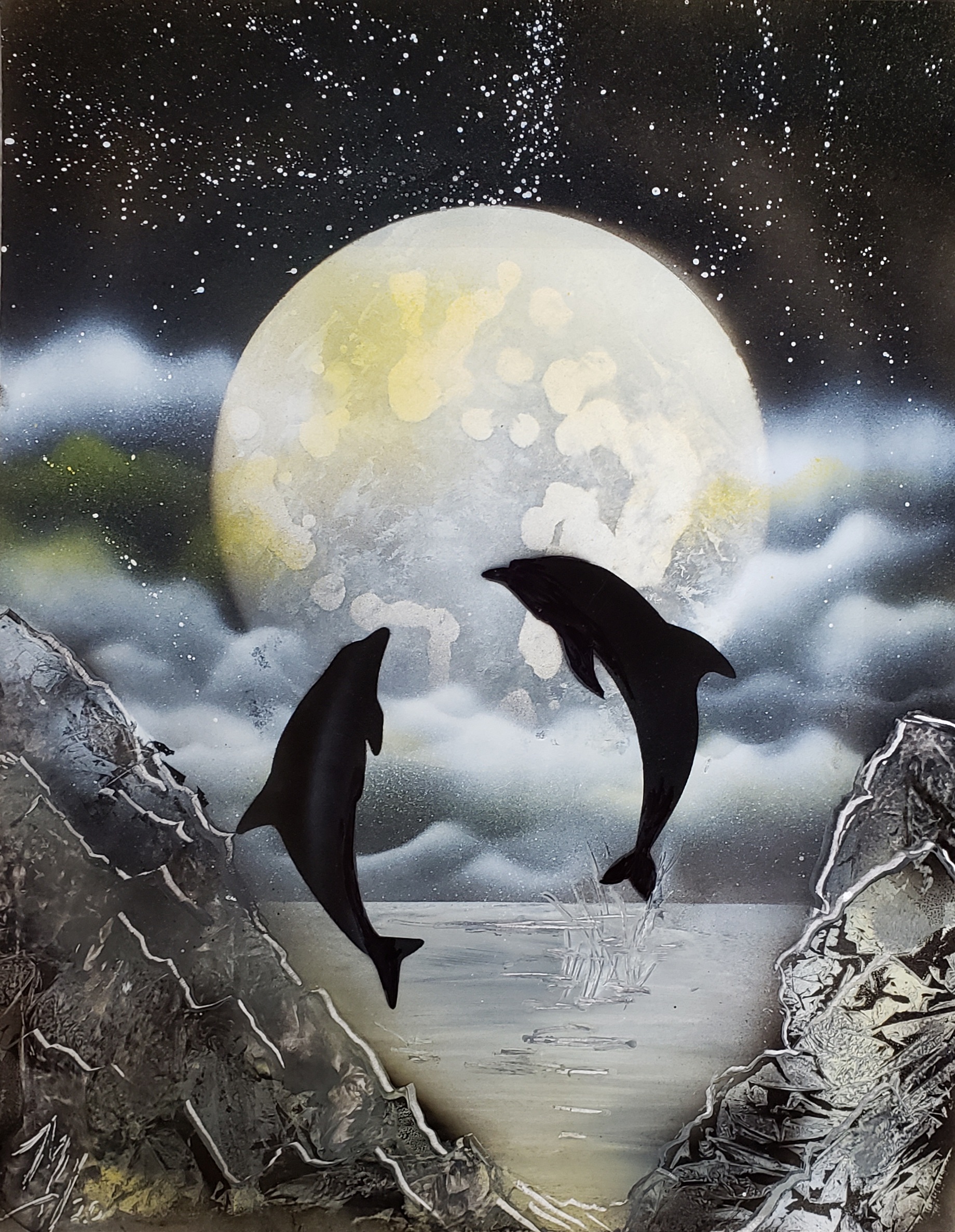 Dolphins under full moon